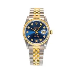 1990 ROLEX DATEJUST 36MM 16233 BLUE VIGNETTE DIAMOND DIAL GOLD STAINLESS WATCH