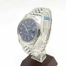 ROLEX DATEJUST 1601 BLUE MOSAIC DIAL 1971 34MM SS WG WHITE GOLD BAR INDEX USED