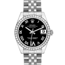 ROLEX DATEJUST MIDSIZE 31 STEEL DIAMOND BLACK DIAL LADIES WATCH 178384