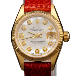 LADIES ROLEX 18K YELLOW GOLD DATEJUST WATCH WHITE MOP DIAMOND DIAL 69178