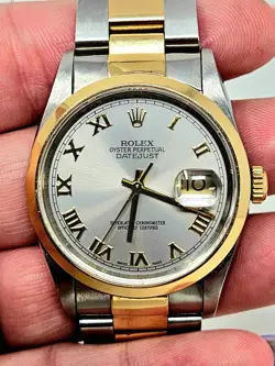 ROLEX DATEJUST 36 16203, STEEL & YELLOW GOLD, WHITE ROMAN DIAL, OYSTER BRACELET