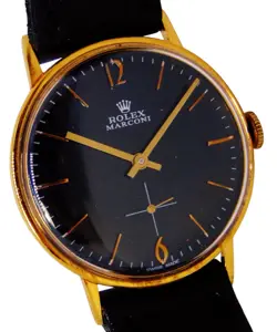 VINTAGE  ROLEX MARCONI BLACK DIAL 18K GOLD PLATE CASE MEN WATCH SERVICED