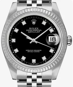 ROLEX MENS DATEJUST BLACK DIAL DIAMOND HOUR  MARKERS 18K WHITE GOLD FLUTED BEZEL