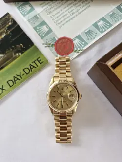 GENTS 18CT YELLOW GOLD ROLEX DAY-DATE 36MM 18038 1987 CHAMPAGNE DIAL AND PAPERS