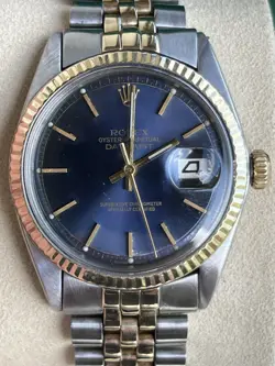 ROLEX OYSTER PERP DATEJUST 36MM BLUE SUNBURST DIAL YELLOW GOLD WATCH 1601 BOX