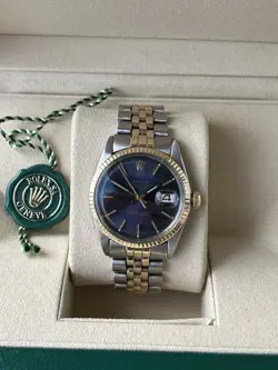 Rolex Oyster Perp Datejust 36mm Blue Sunburst Dial Yellow Gold Watch 1601 Box