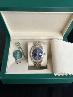Rolex Oyster Perp Datejust 36mm Blue Sunburst Dial Yellow Gold Watch 1601 Box