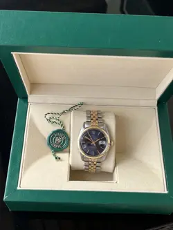 Rolex Oyster Perp Datejust 36mm Blue Sunburst Dial Yellow Gold Watch 1601 Box