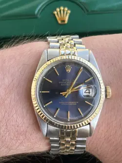 Rolex Oyster Perp Datejust 36mm Blue Sunburst Dial Yellow Gold Watch 1601 Box