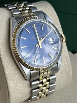 Rolex Oyster Perp Datejust 36mm Blue Sunburst Dial Yellow Gold Watch 1601 Box