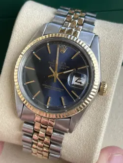 Rolex Oyster Perp Datejust 36mm Blue Sunburst Dial Yellow Gold Watch 1601 Box