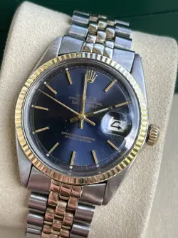 Rolex Oyster Perp Datejust 36mm Blue Sunburst Dial Yellow Gold Watch 1601 Box