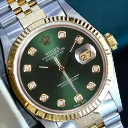 ROLEX MENS DATEJUST GOLD STEEL 36MM WATCH GREEN DIAMOND DIAL FLUTED BEZEL 16233