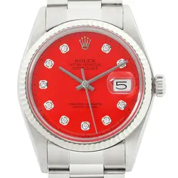 ROLEX MENS DATEJUST RED DIAMOND DIAL 18K GOLD STEEL WATCH W/ OYSTER BAND