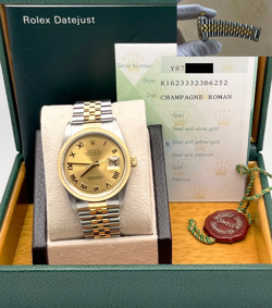 ROLEX DATEJUST 16233 36MM CHAMPAGNE ROMAN DIAL 18K GOLD STAINLESS BOX PAPER 2004