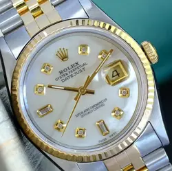 ROLEX MEN'S DATEJUST WATCH GOLD STEEL WHITE MOP DIAMOND DIAL FLUTED  36MM 16233