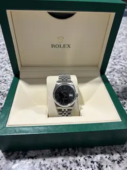 ROLEX 16200 DATEJUST 36MM, BLACK DIAL, SMOOTH BEZEL - STAINLESS STEEL ON JUBILEE
