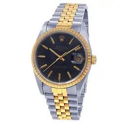 ROLEX DATE 18K YELLOW GOLD STAINLESS STEEL JUBILEE AUTO BLACK MEN'S WATCH 15223