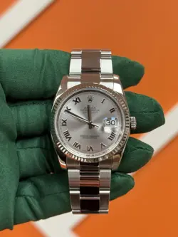 ROLEX MENS DATEJUST 36 STEEL SILVER ROMAN DIAL FLUTED BEZEL OYSTER WATCH 116234