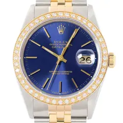 ROLEX MENS DATEJUST 18K GOLD STEEL 2TONE BLUE DIAL 16013 DIAMOND BEZEL WATCH