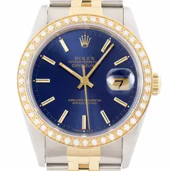 ROLEX MENS DATEJUST 16233 18K GOLD & STEEL 2TONE BLUE DIAL DIAMOND BEZEL WATCH