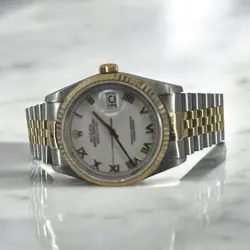 ROLEX DATEJUST 16233 36MM  YELLOW GOLD FLUTED BEZEL WHITE ROMAN NUMERAL DIAL