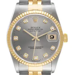 ROLEX DATEJUST 36 STEEL YELLOW GOLD SILVER DIAMOND DIAL MENS WATCH 16233