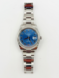 ROLEX DATEJUST II 41MM AZZURRO BLUE ROMAN STAINLESS STEEL 116300 BOX AND PAPERS.