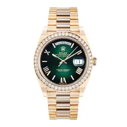 ROLEX DAY-DATE 40 WATCH 40MM GREEN ROMAN NUMERALS DIAL YELLOW GOLD