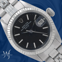 ROLEX LADIES DATE 26MM STEEL BLACK INDEX DIAL FLUTED BEZEL JUBILEE BAND 6917