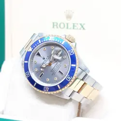 ROLEX 40MM 18K HALF YELLOW GOLD GREY SERTI DIAMONDS DIAL SUBMARINER REF: 16613