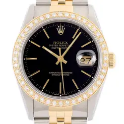 ROLEX MENS DATEJUST 16233 18K GOLD & STEEL 2TONE BLACK DIAL DIAMOND BEZEL WATCH