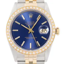ROLEX MENS DATEJUST 16013 18K YELLOW GOLD STEEL BLUE DIAL DIAMOND BEZEL WATCH