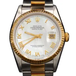 ROLEX 16233 DATEJUST MENS 18K GOLD & STEEL WATCH FACTORY WHITE MOP ROMAN DIAL