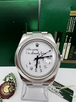 ROLEX DATEJUST II 116300 WHO CARES I'M ALREADY LATE BLACK DIAL & HANDS PAPERS
