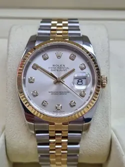 ROLEX DATEJUST 116233 36MM FLUTED 18KT BEZEL SILVER DIAMOND DOT DIAL 2008