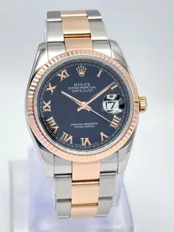 ROLEX DATEJUST 116231 36MM BLACK ROSE GOLD ROMAN BLACK DIAL TWO TONE BOX PAPERS