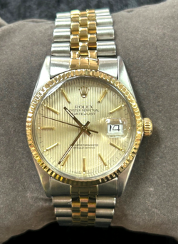 1986 ROLEX DATEJUST 16013 GOLD TAPESTRY DIAL 36MM MEN'S WATCH