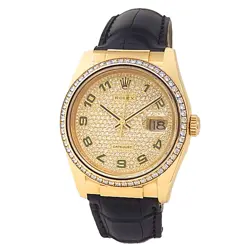 ROLEX DATEJUST 18K YELLOW GOLD LEATHER AUTO DIAMONDS PAVE MEN'S WATCH 116188