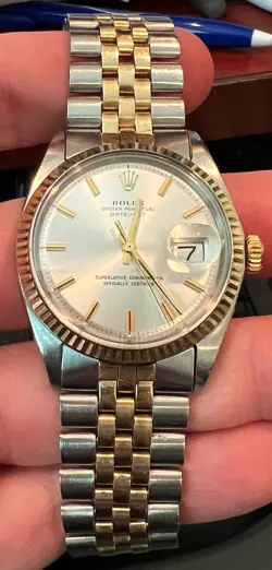 ROLEX 36MM PRE OWNED 14K GOLD/STEEL VINTAGE DATEJUST SILVER DIAL 1601 PERPETUAL