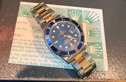 ROLEX 18K GOLD/STAINLESS STEEL SUBMARINER BLUE DIAL 16613 40MM CIRCA 1998