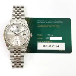 2024 ROLEX DATEJUST 36 126234, WHITE GOLD & STEEL, SILVER INDEX, BOX & PAPERS