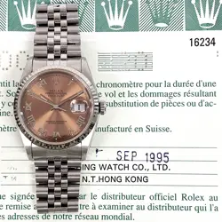 1995 ROLEX DATEJUST 36 16234, STEEL & WHITE GOLD, SALMON ROMAN, BOX & PAPERS