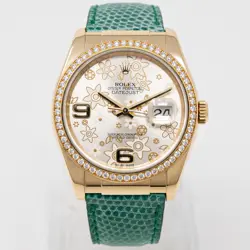 ROLEX DATEJUST 36 116188 YELLOW GOLD WRISTWATCH - SILVER FLORAL ARABIC, GREEN...