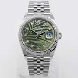ROLEX DATEJUST 36 126234, WHITE GOLD & STAINLESS STEEL, OLIVE GREEN PALM MOTI...