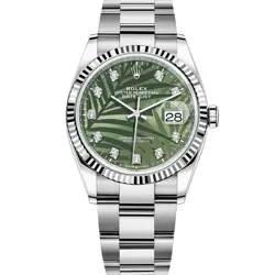 ROLEX DATEJUST 36 126234 WHITE GOLD & STAINLESS STEEL, OLIVE GREEN PALM MOTIF...