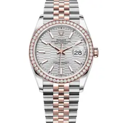 ROLEX DATEJUST 36 126281RBR, STEEL & ROSE GOLD, SILVER FLUTED MOTIF INDEX, BO...