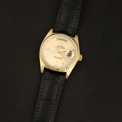 ROLEX DAY-DATE 36 18038, YELLOW GOLD, CHAMPAGNE DIAMOND DIAL, BLACK GENUINE A...