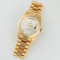 ROLEX DAY-DATE 36 18238, YELLOW GOLD, SILVER DIAMOND DIAL, PRESIDENT BRACELET...