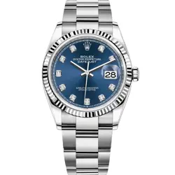 ROLEX DATEJUST 36  126234, WHITE GOLD & STEEL, BRIGHT BLUE DIAMOND